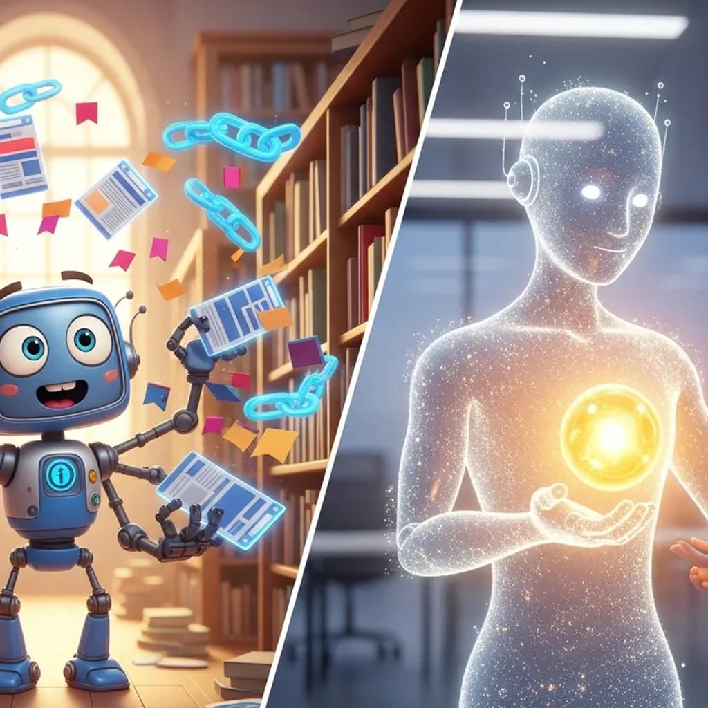 Pixar-Stil Illustration zum Vergleich einer traditionellen Suchmaschine mit einer KI-Antwortmaschine
