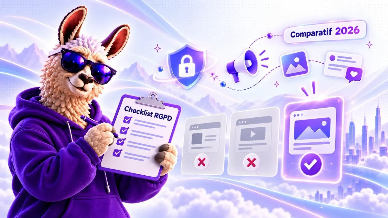 Le lama Lamalo coche une checklist RGPD pour comparer les outils IA du marketing