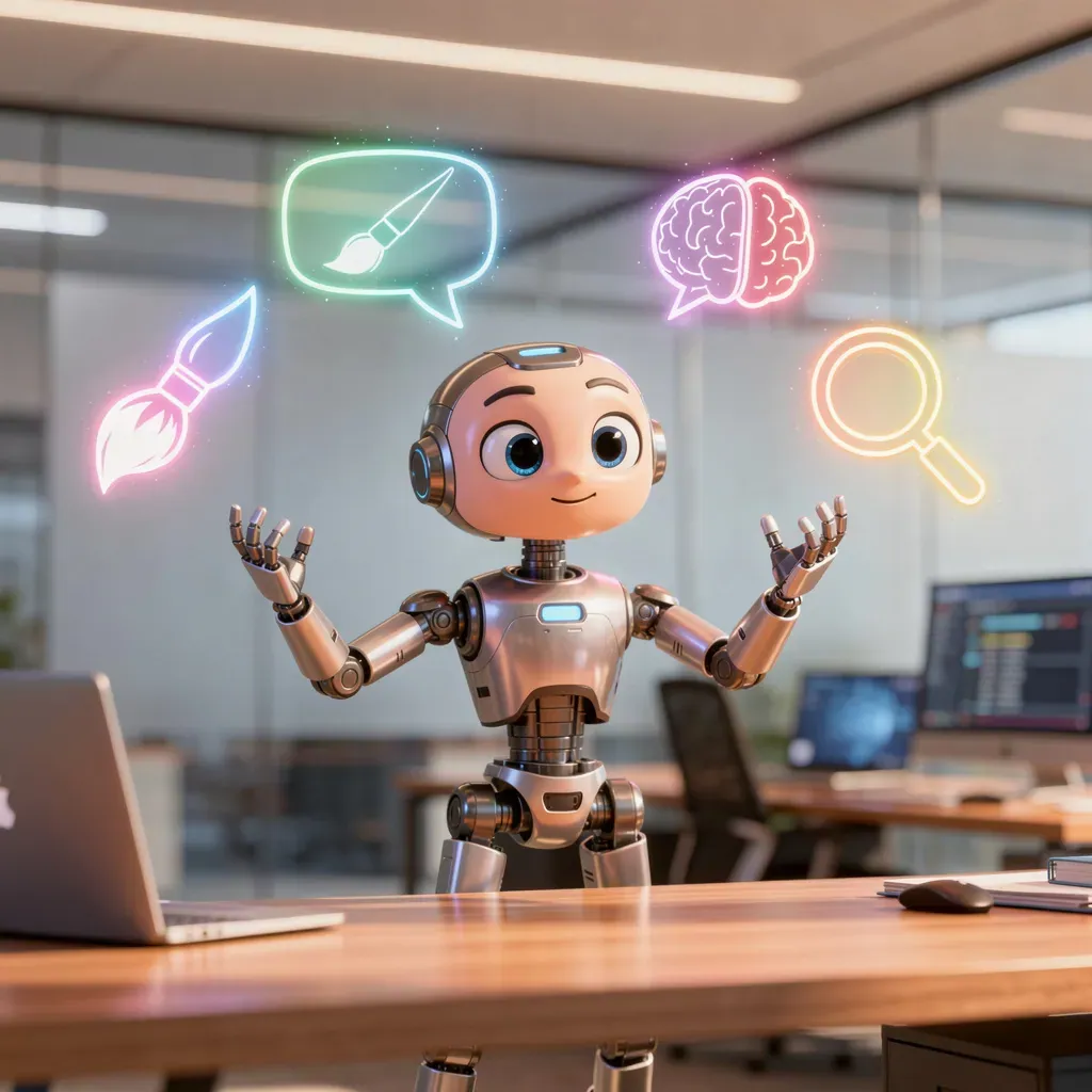 Robot IA orchestrant plusieurs outils intelligents dans un bureau moderne